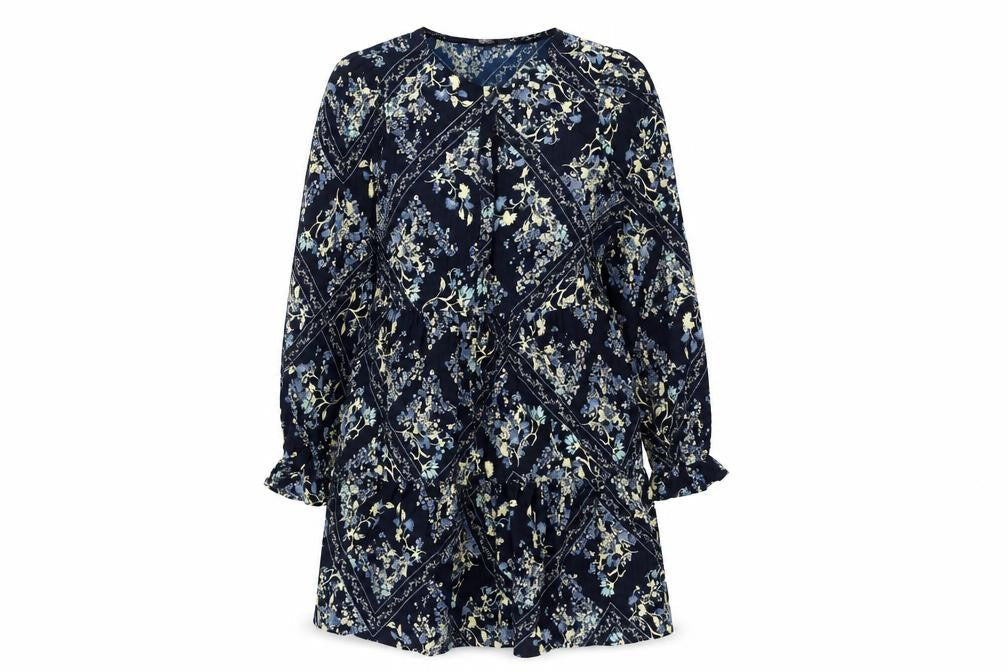 Marks & Spencer Womens Blue Geometric Polyester Shift Size 10 Round Neck Button - Smocked