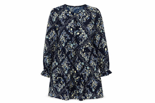 Marks & Spencer Womens Blue Geometric Polyester Shift Size 10 Round Neck Button - Smocked