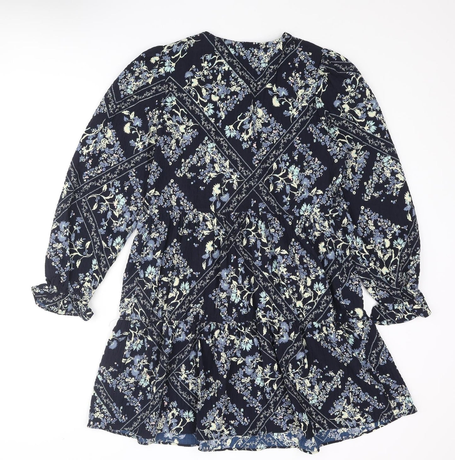 Marks and Spencer Womens Blue Geometric Polyester Shift Size 10 Round Neck Button - Smocked