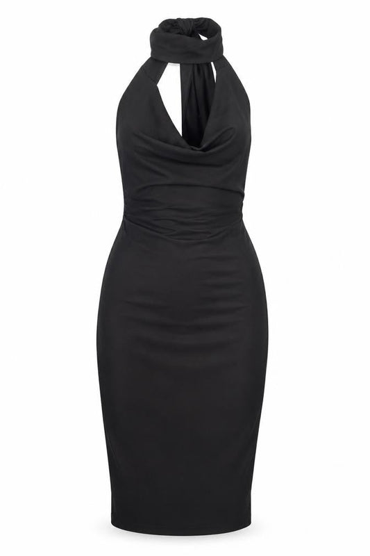 Front view of Missguided women’s black polyester bodycon, size UK 6, mock neck zip