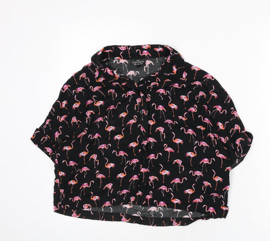 Topshop Womens Black Geometric Viscose Cropped Button-Up Size 8 Collared