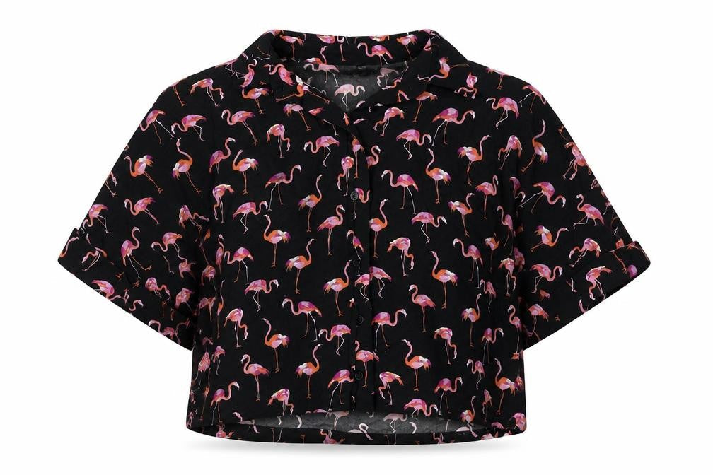 Topshop Womens Black Geometric Viscose Cropped Button-Up Size 8 Collared
