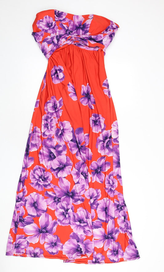 Debut Womens Red Floral Polyester Maxi Size 6 Off the Shoulder Zip - Tie Detail
