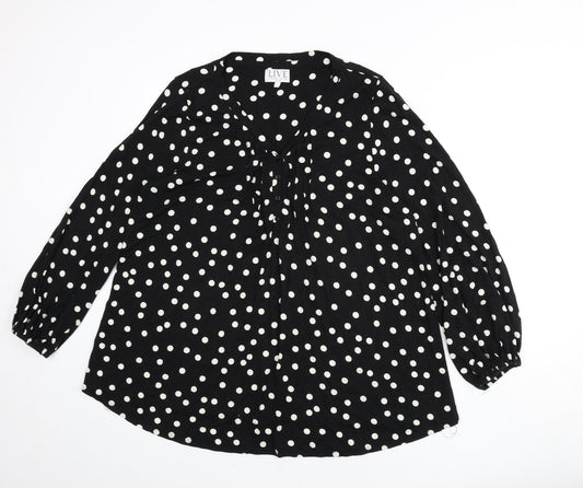 Live Unlimited London Womens Black Polka Dot Polyester Basic T-Shirt Size 16 V-Neck