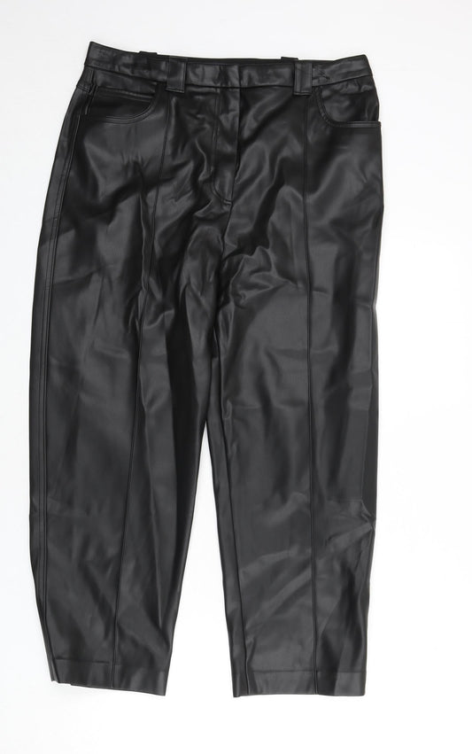 Marks and Spencer Womens Black Polyester Trousers Size 16 L25 in Regular Zip - Faux Leather