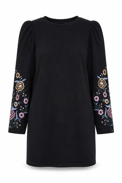 Front view of ASOS women’s black polyester a-line, size UK 8, crew neck pullover
