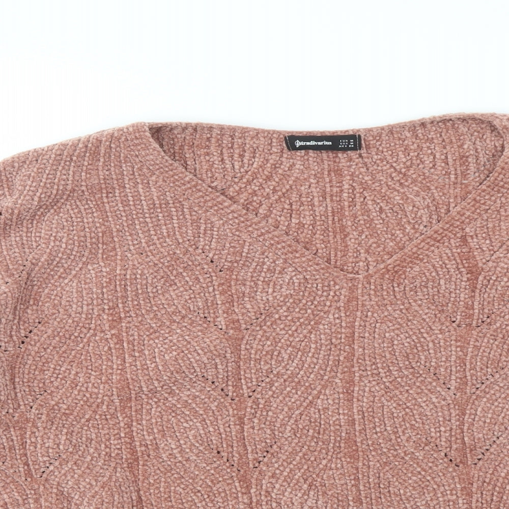 Stradivarius Womens Pink V-Neck Polyester Pullover Jumper Size M