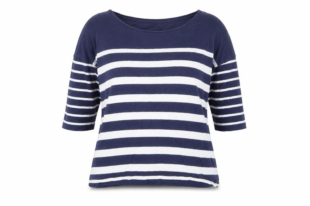 Pull&Bear Womens Blue Striped Cotton Basic T-Shirt Size S Boat Neck