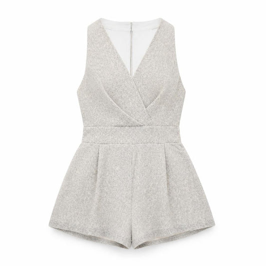 Love Womens Beige Polyester Playsuit One-Piece Size S Button - Pleated