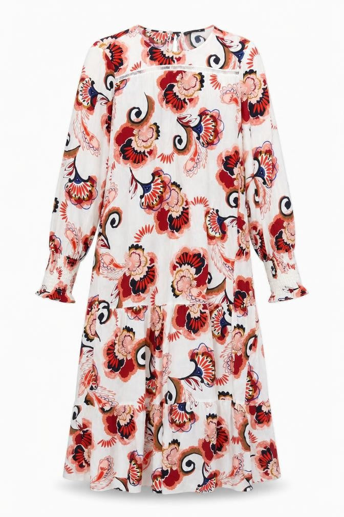 Marks & Spencer Womens Red Floral Viscose A-Line Size M Crew Neck Button - Embroided