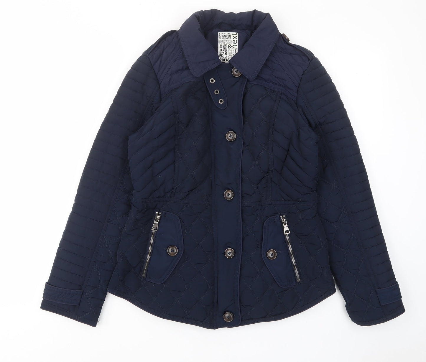 NEXT Womens Blue Quilted Coat Size 10 Zip - Zip Pockets, Buckle