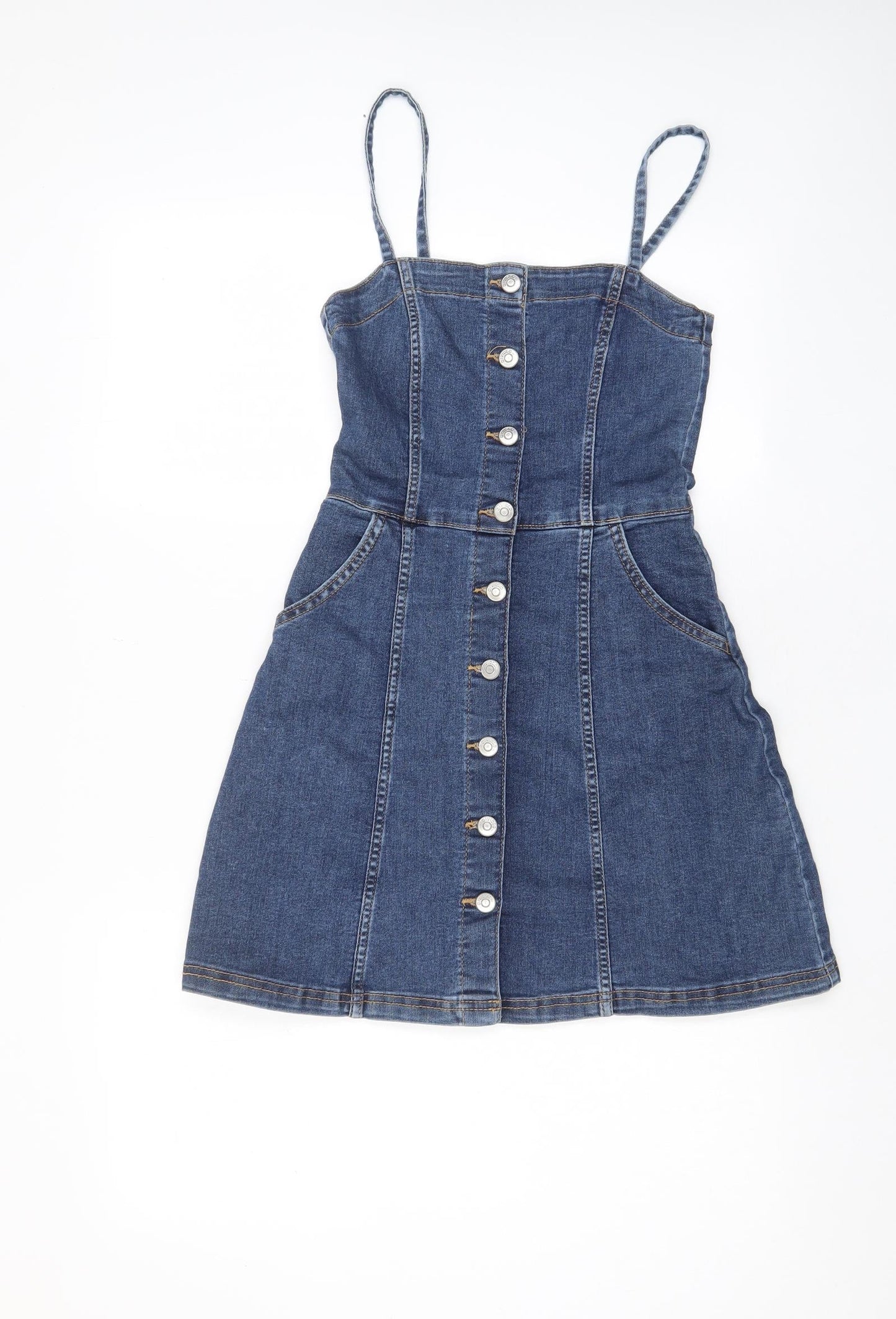 H&M Womens Blue Cotton Sheath Size 6 Square Neck Button - Pockets