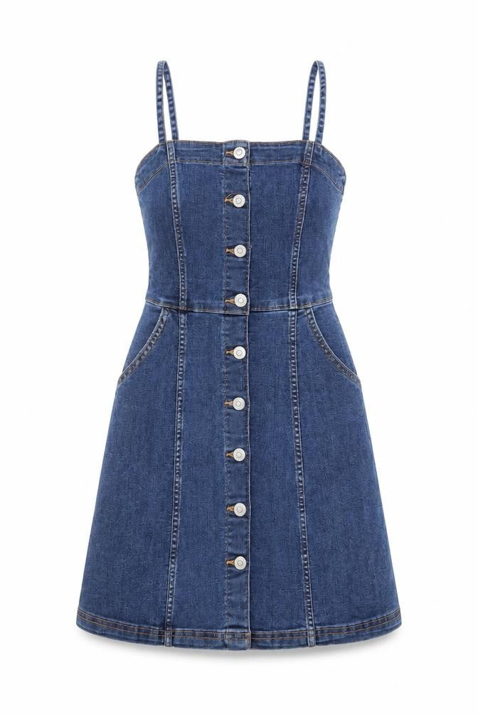H&M Womens Blue Cotton Sheath Size 6 Square Neck Button - Pockets