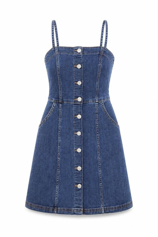 H&M Womens Blue Cotton Sheath Size 6 Square Neck Button - Pockets