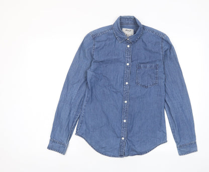 Additional front view of Denim & Co. women’s blue cotton basic button-up, size UK 8, collared