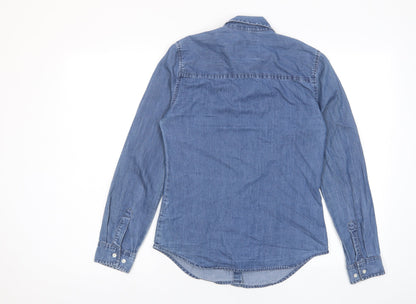 Back view of Denim & Co. women’s blue cotton basic button-up, size UK 8, collared