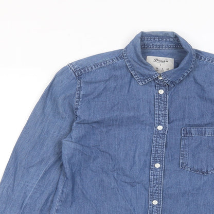 Close-up detail of Denim & Co. women’s blue cotton basic button-up, size UK 8, collared