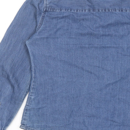 Brand and care label for Denim & Co. women’s blue cotton basic button-up, size UK 8, collared