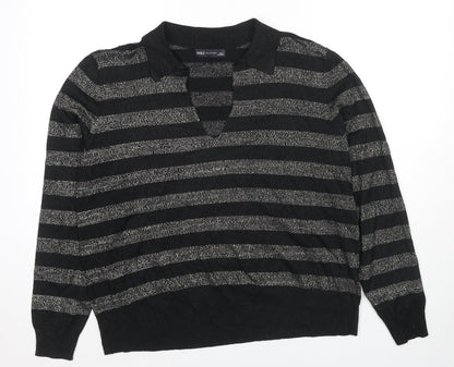 Marks & Spencer Womens Black Collared Striped Viscose Pullover Jumper Size L