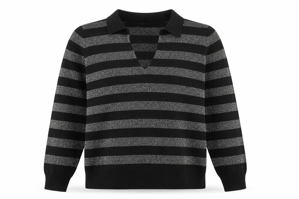 Marks & Spencer Womens Black Collared Striped Viscose Pullover Jumper Size L