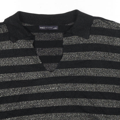 Marks & Spencer Womens Black Collared Striped Viscose Pullover Jumper Size L