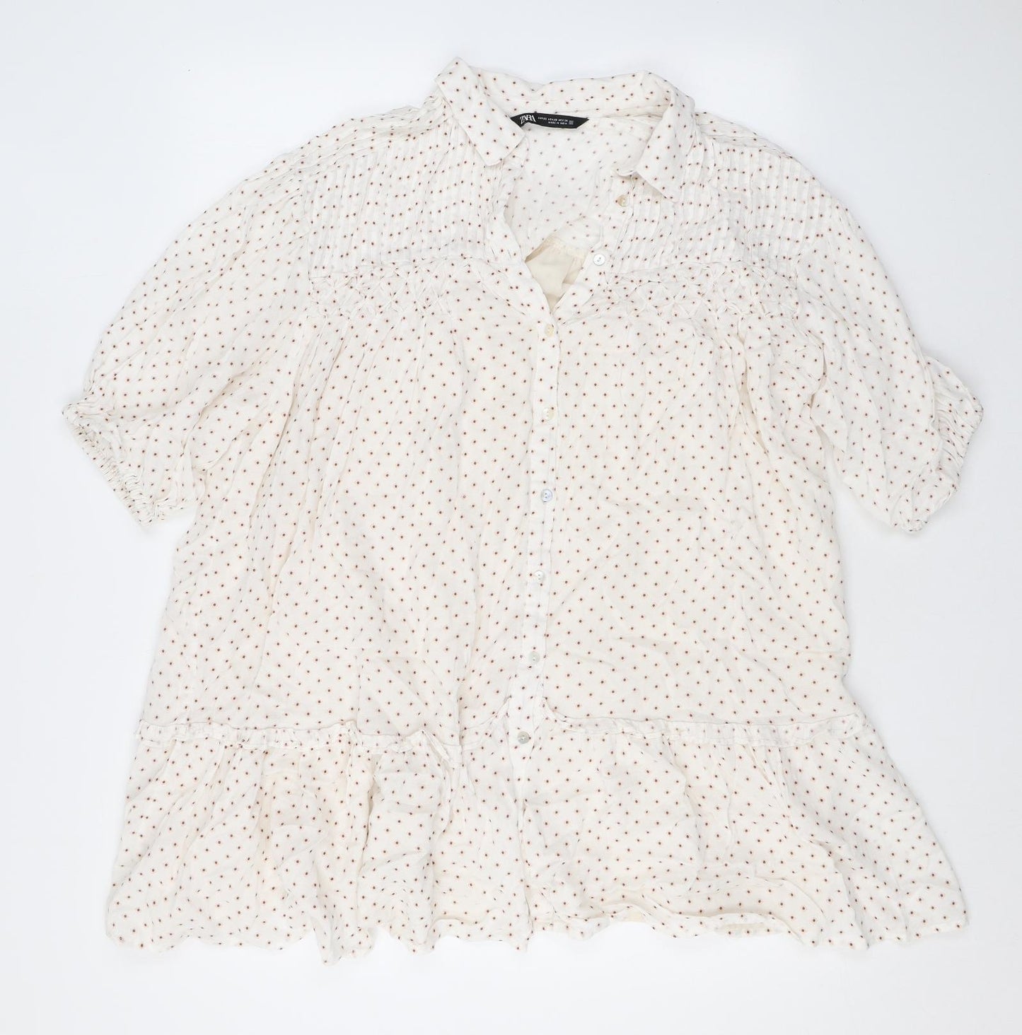 Zara Womens Ivory Polka Dot Polyester Shirt Dress Size XS Collared Button