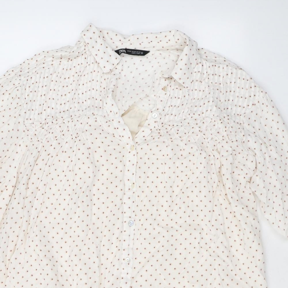 Zara Womens Ivory Polka Dot Polyester Shirt Dress Size XS Collared Button