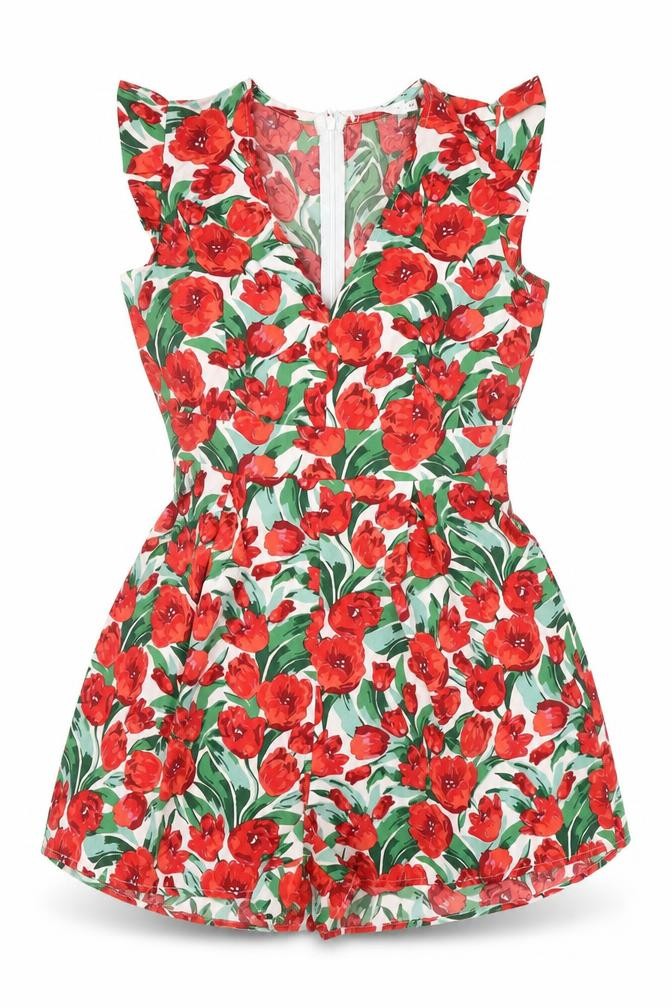 Ikoone & Blanka Womens Red Floral Polyester Playsuit One-Piece Size S L4 in Zip