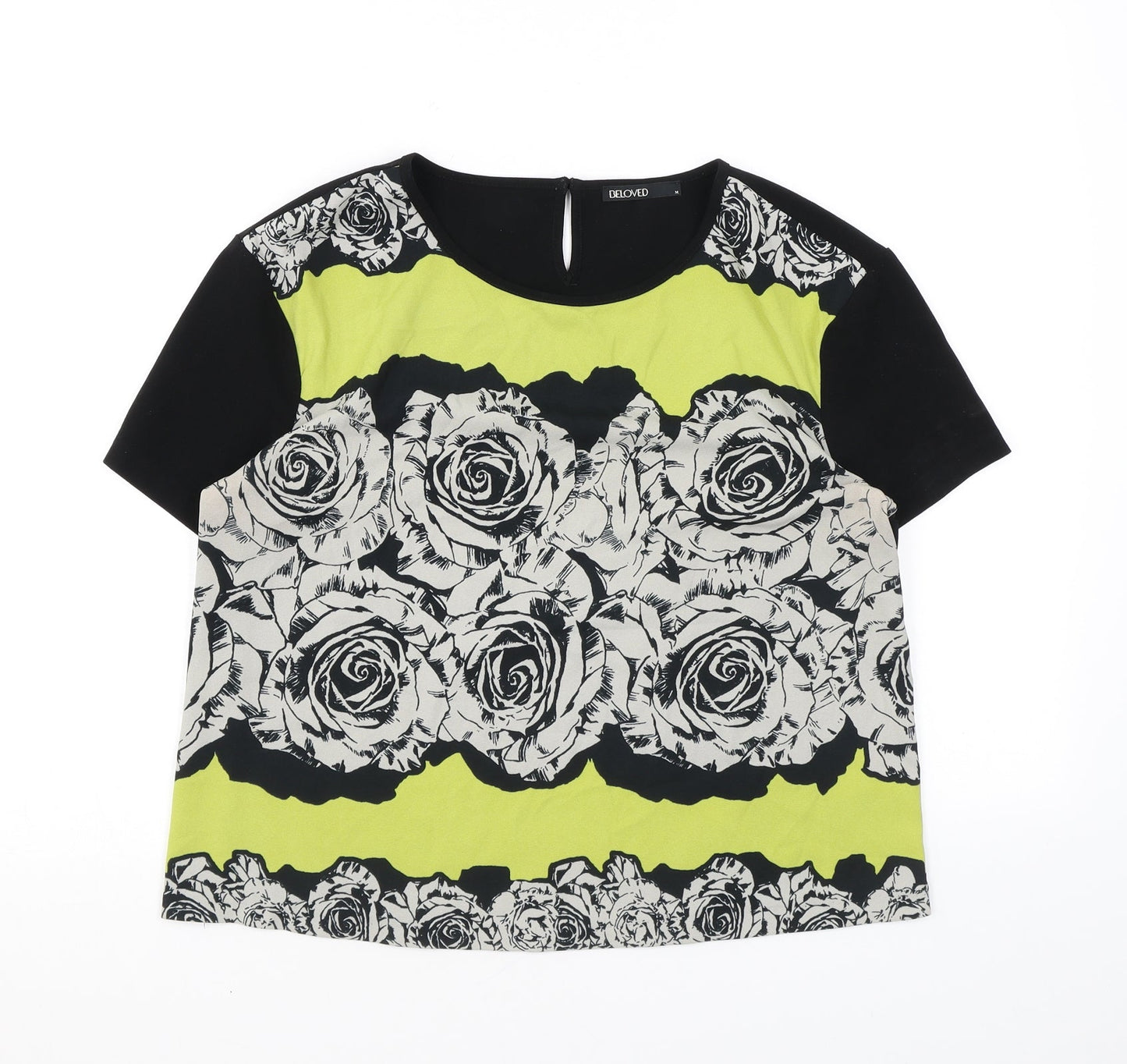 Beloved Womens Black Geometric Polyester Basic Blouse Size M Round Neck - Roses