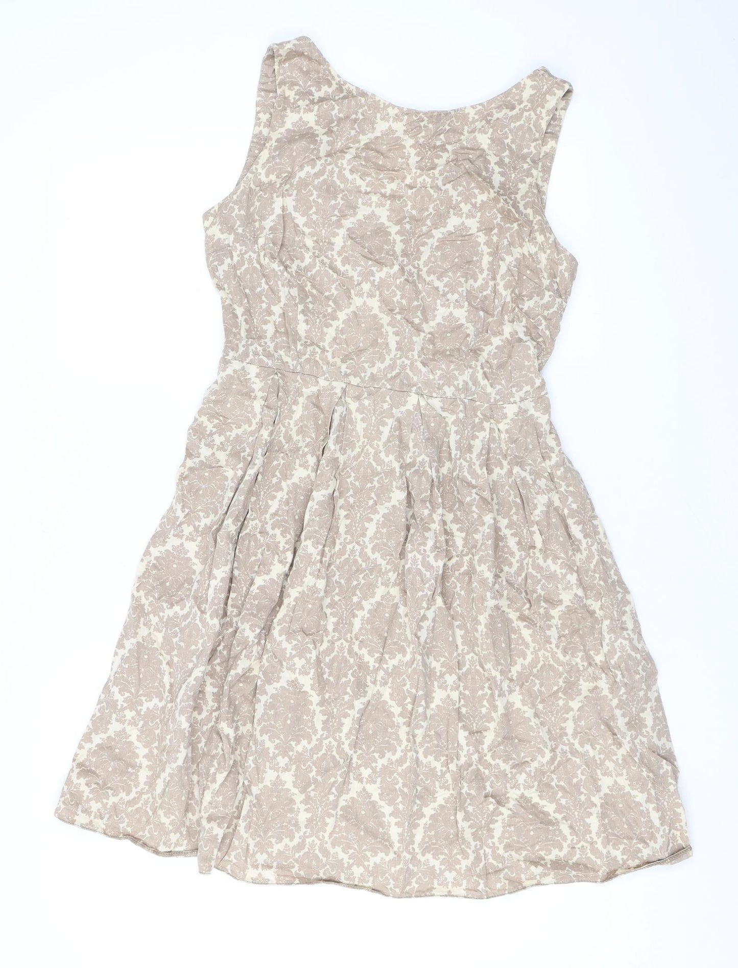 Dorothy Perkins Womens Brown Floral Cotton Skater Dress Size 12 Round Neck Zip