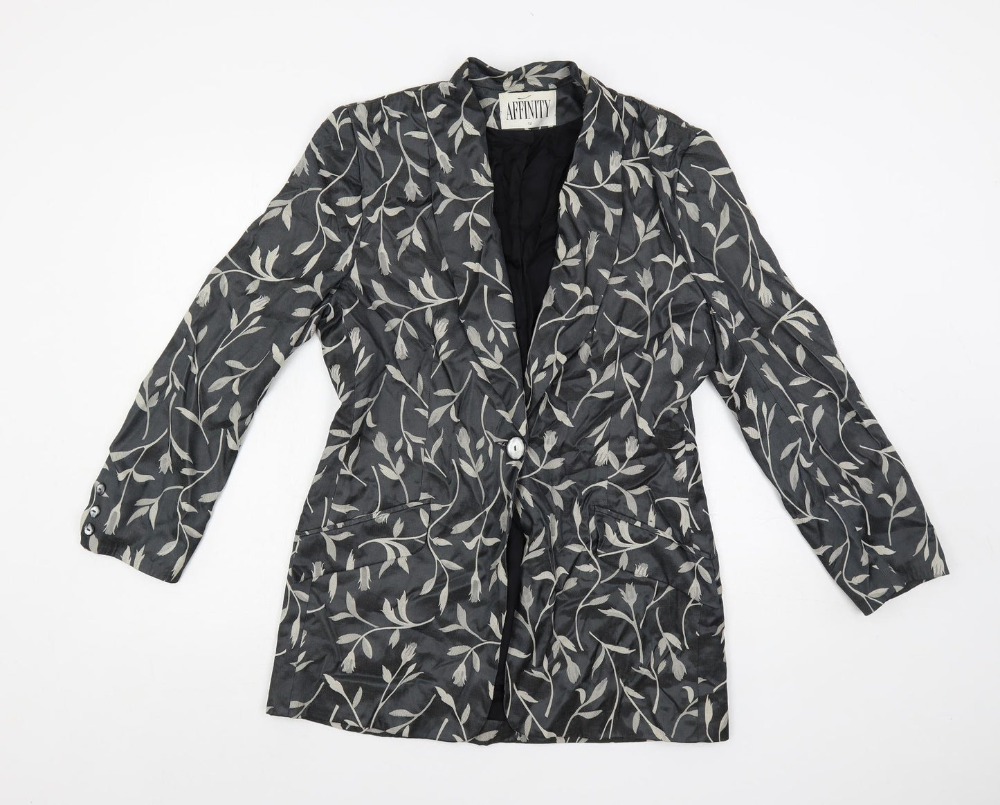 Affinity Womens Grey Floral Jacket Blazer Size 12 Button