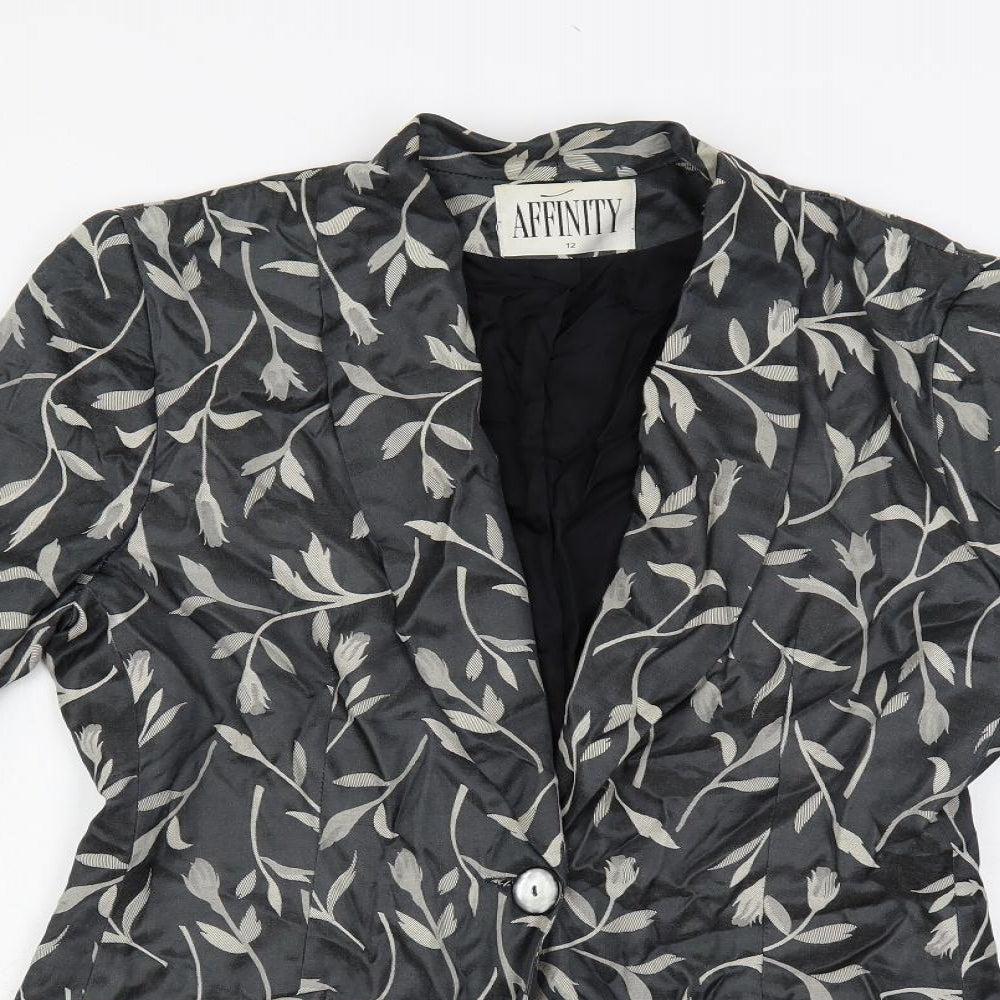 Affinity Womens Grey Floral Jacket Blazer Size 12 Button