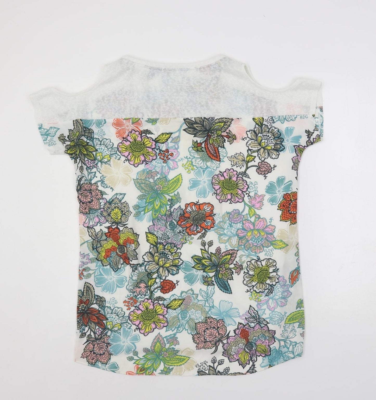 NEXT Womens White Floral Polyester Basic Blouse Size 14 Round Neck - Cold Shoulder