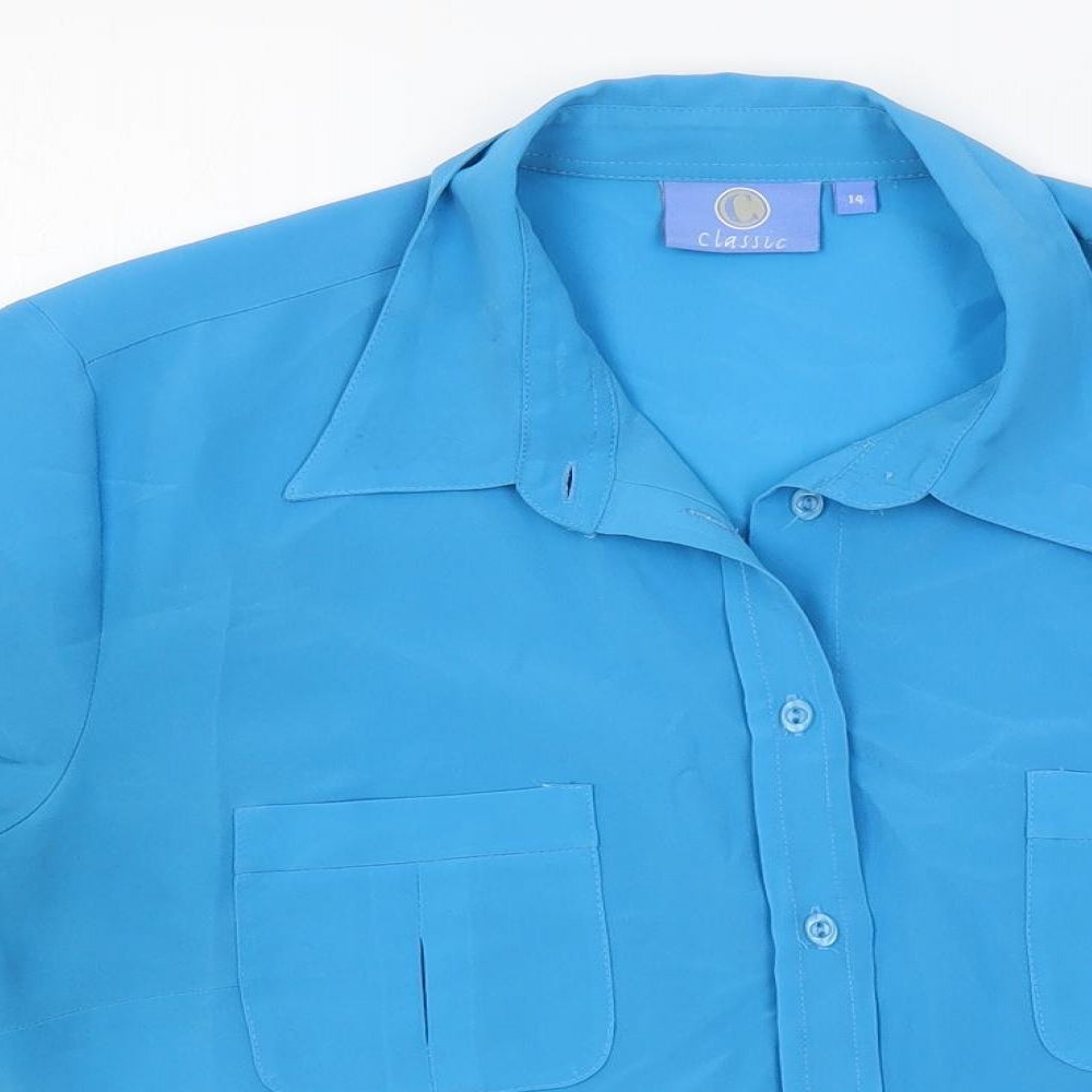 Classic Womens Blue Polyester Basic Button-Up Size 14 Collared