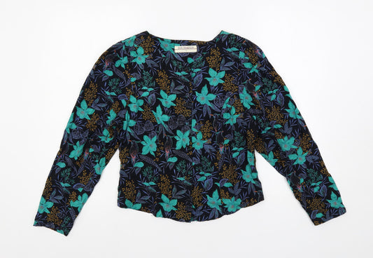 Richards Womens Black Floral Viscose Basic Button-Up Size 14 Round Neck - Vintage