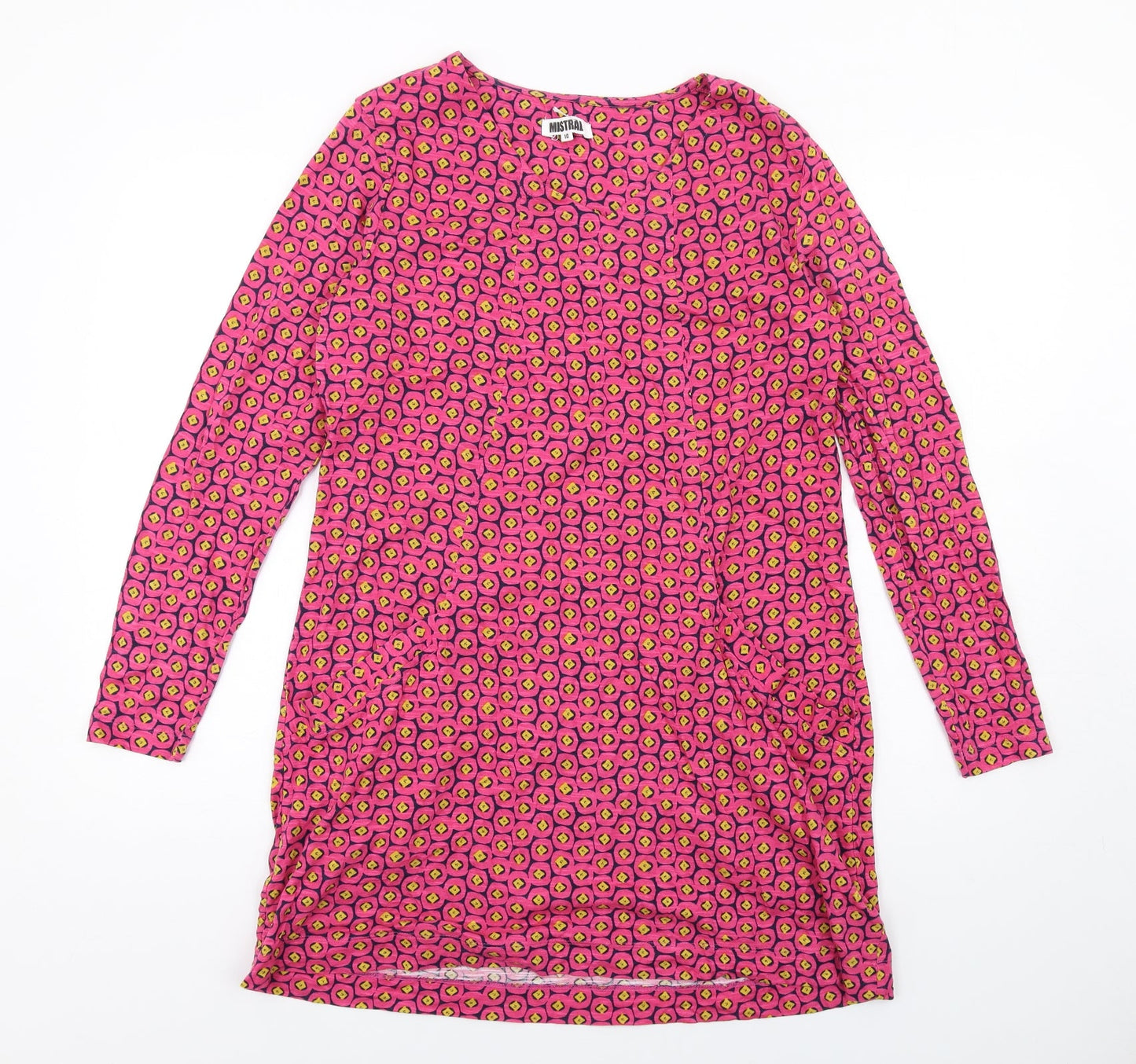 Mistral Womens Pink Geometric Cotton A-Line Size 10 Round Neck Pullover