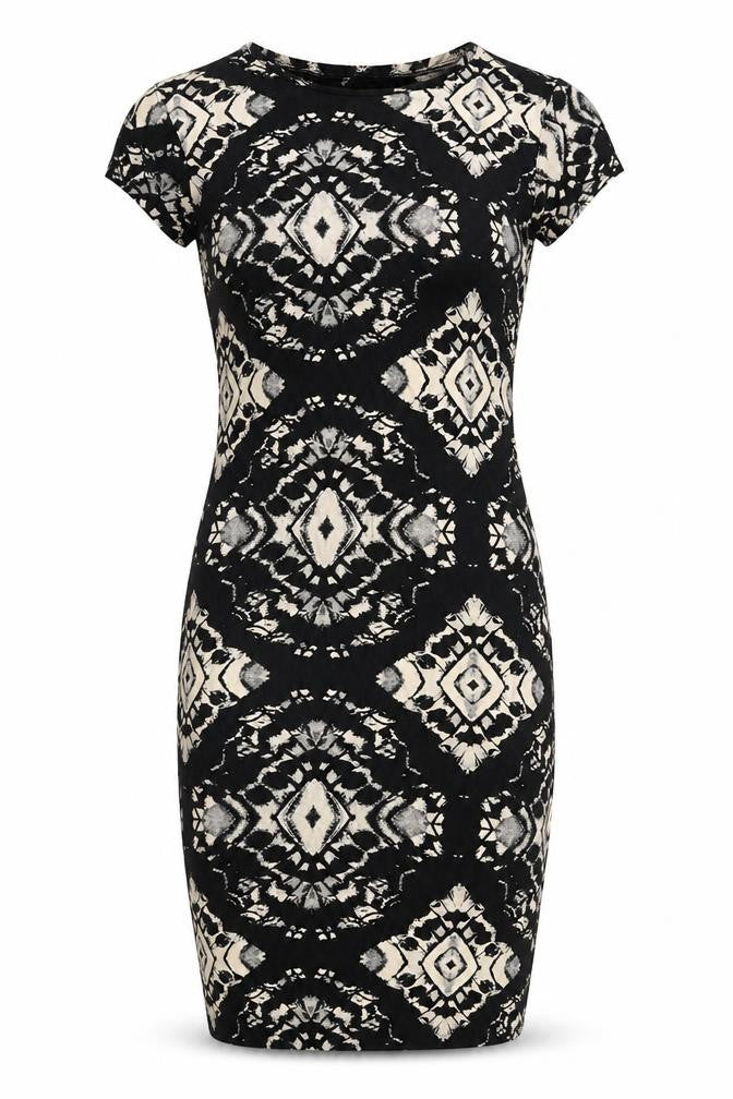 Quiz Womens Black Geometric Viscose Bodycon Size 8 Round Neck Pullover
