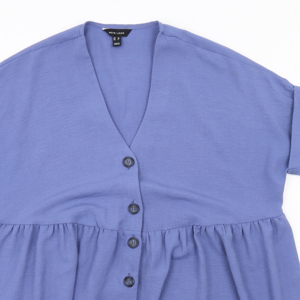 New Look Womens Blue Polyester Fit & Flare Size 12 V-Neck Button