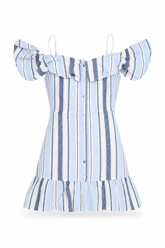 Lipsy Womens Blue Striped Cotton A-Line Size 8 Off the Shoulder Button