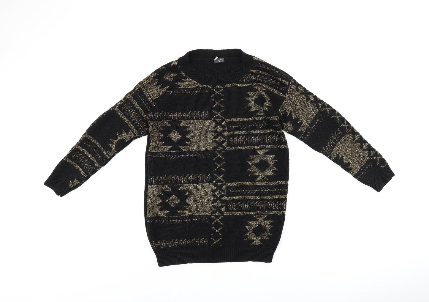 Sparkle & Fade Womens Black Round Neck Geometric Acrylic Pullover Jumper Size S