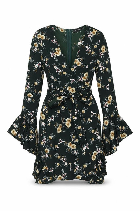 PRETTYLITTLETHING Womens Green Floral Polyester Shift Size 10 V-Neck Zip - Frill Detail Cut Out Detail