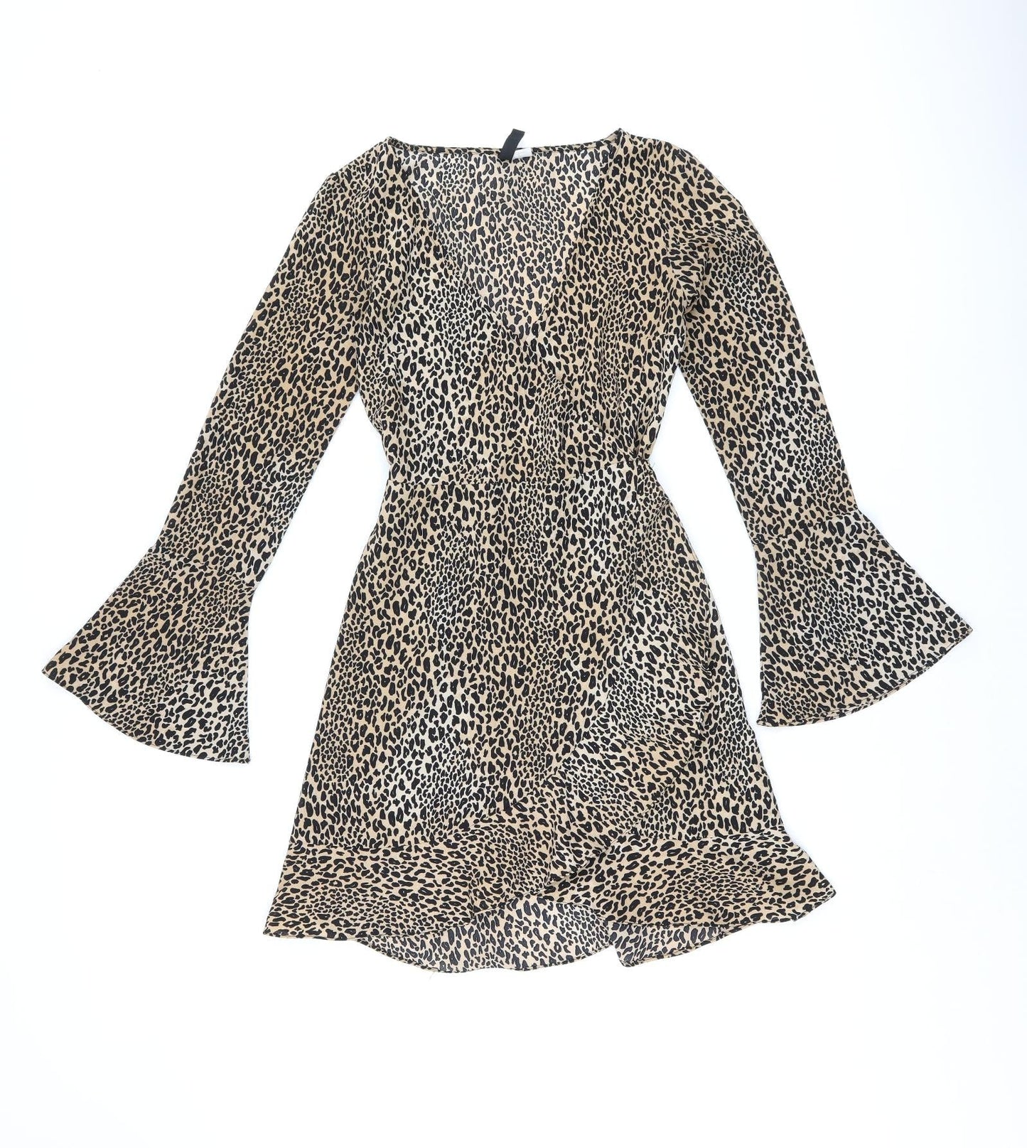 H&M Womens Brown Animal Print Polyester Wrap Dress Size 6 V-Neck Tie - Leopard Print