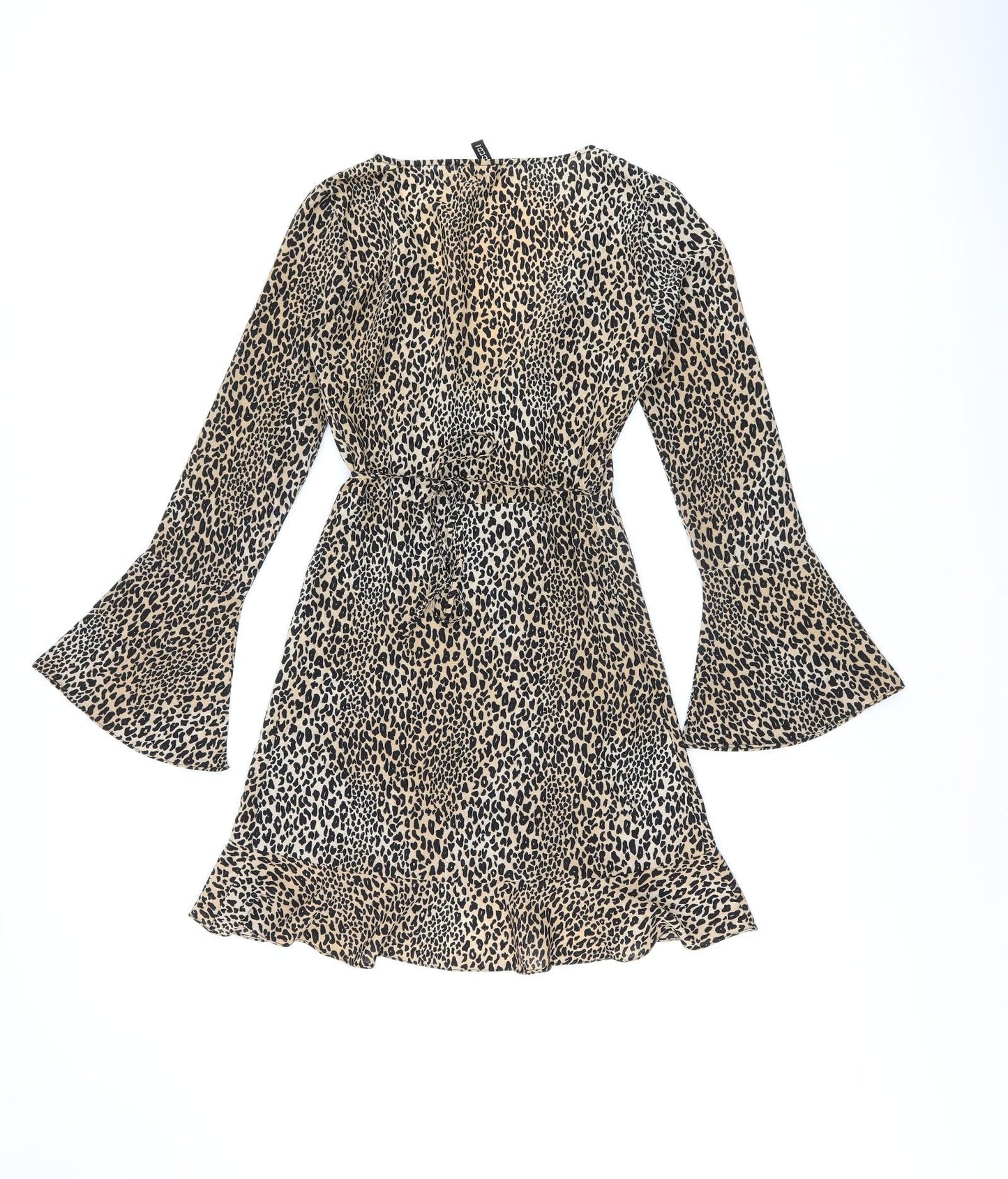 H&M Womens Brown Animal Print Polyester Wrap Dress Size 6 V-Neck Tie - Leopard Print
