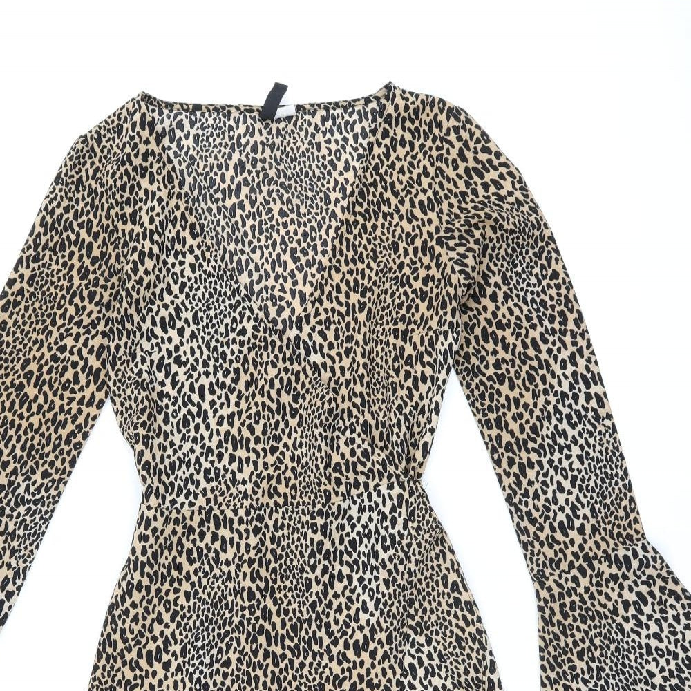 H&M Womens Brown Animal Print Polyester Wrap Dress Size 6 V-Neck Tie - Leopard Print