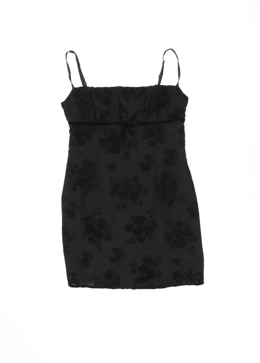 Polly Womens Black Floral Polyester Mini Size 12 Square Neck Zip