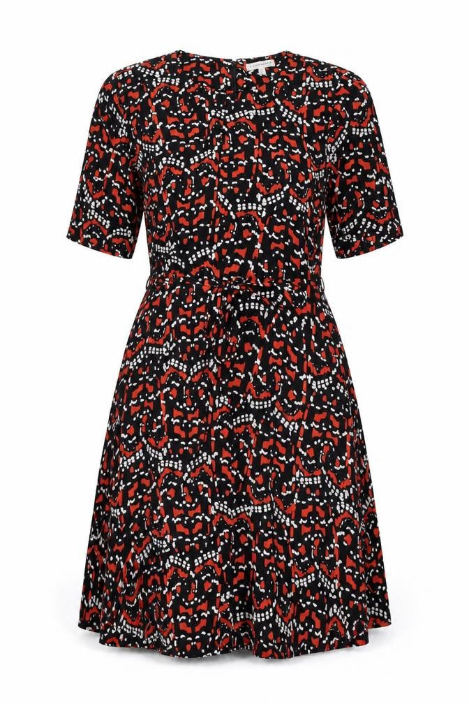 Warehouse Womens Black Geometric Polyester A-Line Size 12 Round Neck Zip - Belted
