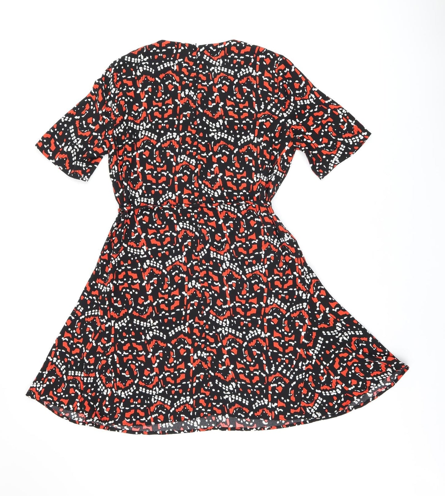 Warehouse Womens Black Geometric Polyester A-Line Size 12 Round Neck Zip - Belted