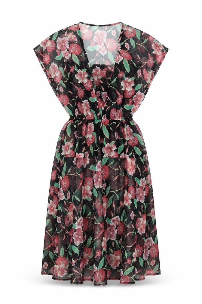 Vivienne Lawrence Womens Black Floral Polyester A-Line Size 12 Square Neck Pullover - Sheer