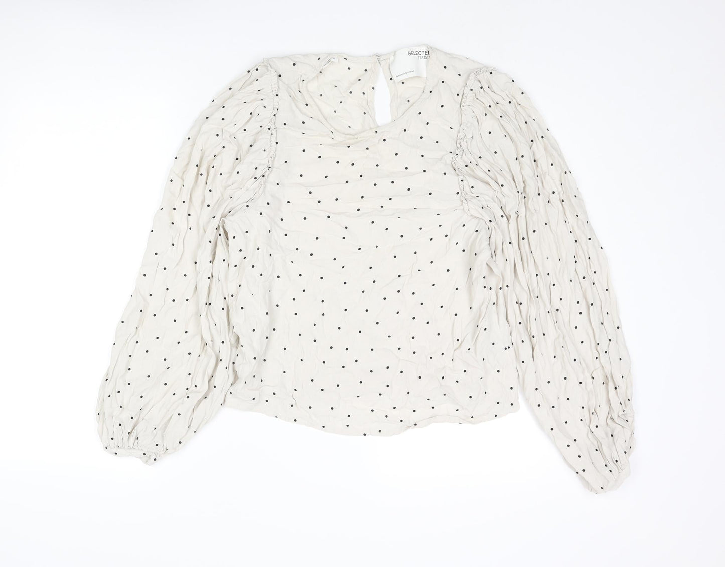 Selected Femme Womens Beige Polka Dot Viscose Basic Blouse Size 8 Round Neck