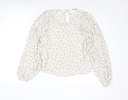 Selected Femme Womens Beige Polka Dot Viscose Basic Blouse Size 8 Round Neck